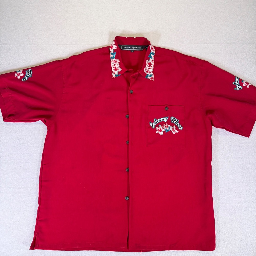 Johnny Blaze Mens XL Red Hula Girl Floral Graphic Short Sleeve Button Up Shirt